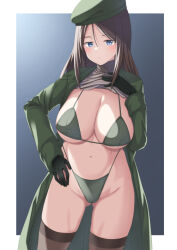 Rule 34 | 1girl, bikini, blue eyes, breasts, brown hair, clothes lift, coat, girls und panzer, gloves, hat, igarashi (igarashi 346), large breasts, lifting own clothes, long hair, looking at viewer, navel, nonna (girls und panzer), open clothes, open coat, shirt lift, solo, swimsuit, thighhighs, trench coat