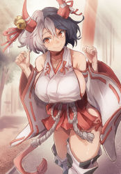 Rule 34 | 1girl, alternate costume, bare shoulders, bell, black hair, breasts, choker, collarbone, cow girl, cow horns, day, detached sleeves, hair between eyes, hakama, hakama short skirt, hakama skirt, hands up, highres, hip vent, horn ornament, horns, huge breasts, japanese clothes, kneehighs, leaning forward, looking at viewer, medium hair, multicolored hair, nontraditional miko, outdoors, red eyes, rope, sideboob, skirt, sleeveless, socks, solo, split-color hair, tail, touhou, two-tone hair, ushizaki urumi, white hair, wide sleeves, yohane