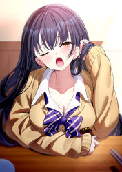 Rule 34 | 1girl, adjusting hair, blue hair, blush, boku no kokoro no yabai yatsu, bow, bowtie, breasts, brown eyes, cleavage, collarbone, collared shirt, dark blue hair, diagonal-striped bow, diagonal-striped bowtie, diagonal-striped clothes, elbow rest, hand in own hair, hand up, highres, indoors, long hair, long sleeves, looking at viewer, medium breasts, mole, mole on neck, multiple moles, one eye closed, open mouth, purple bow, purple bowtie, ririko (zhuoyandesailaer), school uniform, shirt, sitting, solo, striped bow, striped bowtie, striped clothes, sweater, table, upper body, white shirt, yamada anna, yellow sweater