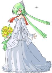Rule 34 | 1girl, :d, ^ ^, bare shoulders, bouquet, bow, breasts, closed eyes, closed mouth, creatures (company), detached sleeves, dress, eyelashes, facing away, flower, from side, full body, game freak, gardevoir, gen 2 pokemon, gen 3 pokemon, green hair, hair ornament, hair over one eye, holding, holding bouquet, holding flower, lace, lace-trimmed dress, lace trim, leaf, long hair, long sleeves, looking at viewer, low twintails, mamecho (ageatcosh), medium breasts, nintendo, no bra, open mouth, personification, pokemon, pokemon (creature), pokemon gsc, pokemon hgss, pokemon oras, pokemon rse, red eyes, sideboob, sidelocks, simple background, sleeves past wrists, smile, standing, strapless, strapless dress, sunflora, sunflower, tiara, twintails, wedding dress, white background, white bow, white dress