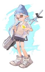 Rule 34 | 1girl, beanie, bike shorts, blue background, blue hair, blue hat, braid, bug, butterfly, c0 mai, closed mouth, commission, cross-laced footwear, e-liter 4k (splatoon), eyelashes, full body, gun, hat, highres, holding, holding gun, holding weapon, inkling, inkling girl, inkling player character, insect, long hair, nintendo, orange eyes, pointy ears, shoes, single braid, smile, solo, splatoon (series), splatoon 3, standing, tentacle hair, two-tone background, watermark, weapon, white background, yellow butterfly