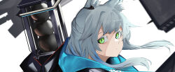 Rule 34 | 1girl, animal ear fluff, animal ears, ao oni (onioni-aoi), arknights, blue scarf, blurry, cannonball, cat ears, cat girl, close-up, colored eyelashes, commentary, commission, green eyes, grey hair, highres, long hair, looking at viewer, parted lips, portrait, rosmontis (arknights), scarf, sidelocks, skeb commission, solo, stack, steel ball (jojo), white background