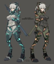 Rule 34 | 2girls, bad id, bad twitter id, blonde hair, bodysuit, breasts, commentary request, dated, expressionless, glowing, green eyes, grey background, hair between eyes, hairband, ikeshita moyuko, large breasts, mecha musume, mechanical arms, mechanical legs, multiple girls, multiple views, original, ponytail, red eyes, siblings, simple background, single mechanical arm, sisters, sketch, sword, translation request, twins, weapon