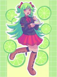 Rule 34 | 1girl, :3, black jacket, brown footwear, buttons, cake, cake slice, donuqx, fang, food, fork, fruit, green background, green hair, green theme, hair ribbon, highres, holding, holding fork, holding plate, jacket, juliet sleeves, leg up, light blush, lime (fruit), lime (witch&#039;s heart), long hair, long sleeves, looking at viewer, open mouth, outline, plate, pleated skirt, puffy sleeves, red eyes, red ribbon, red skirt, ribbon, short twintails, skirt, solo, twintails, very long hair, white outline, witch&#039;s heart