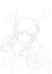 Rule 34 | 1girl, absurdres, animal ears, bow, braid, cat ears, cat tail, clenched hand, dress, fang, greyscale, hair bow, highres, kaenbyou rin, koshi (koshi vortex), looking at viewer, monochrome, multiple tails, nekomata, open mouth, short hair, sketch, solo, tail, touhou, twin braids, two tails