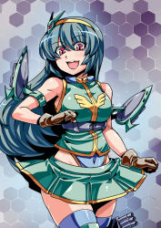 Rule 34 | 10s, 1girl, bare shoulders, blue hair, blue thighhighs, brown gloves, cannon, commentary request, energy weapon, gloves, gundam, hair ornament, highres, kantai collection, long hair, looking at viewer, mecha musume, open mouth, pink eyes, shirt, skirt, sleeveless, sleeveless shirt, smile, solo, thighhighs, tukiwani, very long hair, zeon, zettai ryouiki