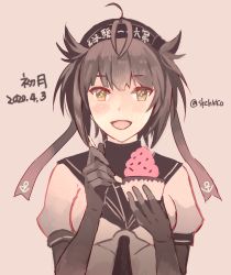 Rule 34 | 1girl, :d, ahoge, black hair, black sailor collar, bodystocking, brown eyes, character name, dated, food, grey background, hair flaps, hands up, hatsuzuki (kancolle), holding, ice cream, ice cream spoon, kantai collection, kasumi (skchkko), looking at viewer, open mouth, puffy short sleeves, puffy sleeves, sailor collar, school uniform, serafuku, shirt, short sleeves, signature, simple background, smile, solo, spoon, upper body, white shirt