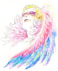 Rule 34 | 1boy, adam&#039;s apple, blonde hair, closed eyes, coat, donquixote doflamingo, feather coat, feathered wings, feathers, male focus, mawari28, multicolored wings, one piece, pink coat, portrait, short hair, solo, sunglasses, upper body, white background, wings