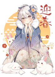 Rule 34 | 1girl, absurdres, blush, chinese zodiac, closed mouth, commentary request, double bun, egasumi, flower, gradient eyes, grey eyes, grey hair, hair bun, hair flower, hair ornament, hamaken. (novelize), hands on own face, happy new year, highres, japanese clothes, kimono, long sleeves, looking at viewer, multicolored eyes, new year, original, print kimono, rabbit, smile, solo, white background, year of the rabbit, yukata