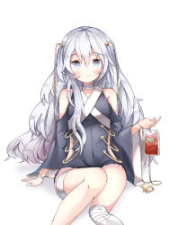 Rule 34 | 1girl, absurdres, arm support, bandaged leg, bandages, bare shoulders, blood, blood bag, blue dress, blue eyes, blush, closed mouth, commentary, detached sleeves, dress, girls&#039; frontline, hair between eyes, hair ornament, highres, intravenous drip, long hair, long sleeves, ribeyrolles (girls&#039; frontline), silver hair, sitting, sleeveless, sleeveless dress, sob (submar1089), solo, very long hair, white background, wide sleeves