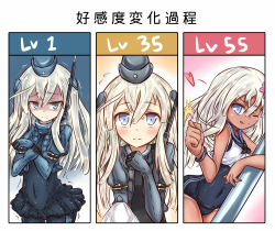 Rule 34 | 1girl, blue eyes, blush, bracelet, closed mouth, commentary request, covered navel, cowboy shot, cropped jacket, dual persona, flower, garrison cap, hair flower, hair ornament, hat, headgear, heart, holding, jewelry, kantai collection, long hair, looking at viewer, military, military uniform, nankyoku hitotori, one-piece swimsuit, one-piece tan, one eye closed, pantyhose, ro-500 (kancolle), sailor collar, school swimsuit, simple background, smile, standing, swimsuit, swimsuit under clothes, tan, tanline, torpedo, translation request, u-511 (kancolle), uniform, white hair
