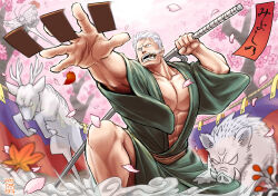 Rule 34 | 1boy, abs, bara, birthday, boar, cherry blossoms, cigar, facial hair, falling petals, feet out of frame, foreshortening, goatee, green kimono, hand up, holding, holding weapon, japanese clothes, kimono, kokorozashi, large pectorals, long sideburns, male focus, mature male, muscular, muscular male, one piece, pectoral cleavage, pectorals, petals, short hair, sideburns, smoke, smoker (one piece), smoking, solo, stomach, stubble, weapon