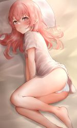 Rule 34 | 1girl, absurdres, ass, bare legs, barefoot, blouse, blush, borrowed clothes, closed mouth, commentary request, crossed bangs, feet, from side, grey shirt, hair between eyes, head on pillow, highres, inui sajuna, lds (dstwins97), long hair, looking at viewer, looking to the side, lying, on bed, on side, panties, pillow, pink eyes, pink hair, revision, see-through silhouette, shirt, short sleeves, solo, sono bisque doll wa koi wo suru, striped clothes, striped panties, sweat, tearing up, thighs, underwear