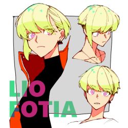 Rule 34 | bad id, bad twitter id, bitesthe dust, blonde hair, character name, closed mouth, earrings, expressions, jacket, jewelry, lio fotia, looking at viewer, male focus, open mouth, portrait, promare, purple eyes, short hair