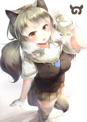 Rule 34 | 10s, 1girl, :d, absurdres, animal ears, character request, commentary request, eastern wolf (kemono friends), fang, from above, fur collar, gloves, grey hair, highres, japari symbol, kanzakietc, kemono friends, long hair, looking at viewer, low twintails, open mouth, plaid, plaid skirt, pleated skirt, salute, short sleeves, skirt, smile, solo, tail, twintails, white gloves, wolf ears, wolf tail, yellow eyes