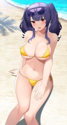 Rule 34 | 1girl, azur lane, beach, bikini, blush, breasts, cameltoe, cleavage, collarbone, eyewear on head, hand on own thigh, highres, large breasts, long hair, looking at viewer, motono (sakamotono), navel, official alternate costume, open mouth, outdoors, pola (azur lane), pola (seaside coincidence) (azur lane), purple hair, red eyes, sideboob, sitting, smile, sunglasses, swimsuit, thighs, twintails, underboob, water, yellow bikini