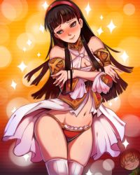 Rule 34 | 2girls, absurdres, alternate costume, amagi yukiko, breasts, cleavage, embarrassed, highres, multiple girls, panties, persona, persona 4, red panties, revealing clothes, satonaka chie, solo focus, stomach, tagme, thighhighs, toasty scones, underwear