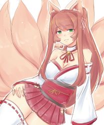 Rule 34 | 1girl, absurdres, animal ears, bare shoulders, bell, blush, breasts, brown hair, choker, cleavage, commentary, detached sleeves, doki doki literature club, english commentary, fox ears, fox tail, green eyes, hair intakes, highres, kemonomimi mode, kitsune, large breasts, long hair, looking at viewer, miniskirt, monika (doki doki literature club), multiple tails, neck bell, obi, pleated skirt, ponytail, raion (raionart), red skirt, sash, skirt, solo, tail, thick thighs, thigh gap, thighhighs, thighs, twitter username, very long hair, white background, white choker, white sleeves, white thighhighs, wide hips, zettai ryouiki
