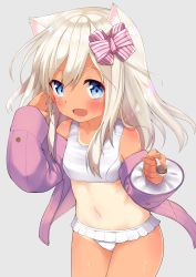 Rule 34 | 10s, 1girl, :d, absurdres, alternate costume, animal ears, bikini, blonde hair, blue eyes, cat ears, go-1, grey background, highres, holding, holding spoon, jacket, kantai collection, long hair, long sleeves, one-piece swimsuit, one-piece tan, open mouth, pink jacket, ro-500 (kancolle), simple background, smile, solo, spoon, swimsuit, tan, tanline, white one-piece swimsuit