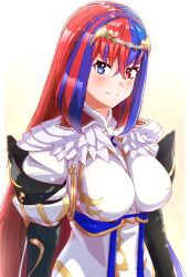 Rule 34 | 1girl, absurdres, alear (awoken divinity) (fire emblem), alear (female) (fire emblem), alear (fire emblem), blue eyes, blue hair, braid, breasts, closed mouth, commentary, crossed bangs, feather trim, feathers, fire emblem, fire emblem engage, hair between eyes, hair ornament, highres, large breasts, long hair, multicolored hair, nintendo, official alternate costume, red eyes, red hair, solo, split-color hair, to (tototo tk), two-tone hair