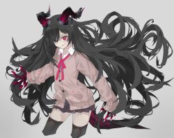 Rule 34 | 1girl, absurdres, black hair, black skirt, black thighhighs, blood, blood on clothes, blood on face, cardigan, demon girl, earrings, fingernails, grey background, hair over one eye, highres, horns, jewelry, kesuno, long hair, long sleeves, nail polish, original, pink eyes, sharp fingernails, simple background, skirt, sleeves past wrists, solo, thighhighs, tongue, tongue out, very long hair, white nails, zettai ryouiki