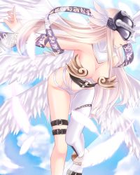 Rule 34 | 1girl, angel, angel wings, angewomon, artist request, bandai, blonde hair, boots, breasts, covered eyes, curvy, digimon, digimon (creature), female focus, flying, head wings, helmet, highres, large breasts, long hair, lying, multiple wings, no bra, revealing clothes, shiny skin, sky, solo, thigh strap, wings
