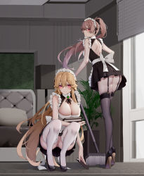 Rule 34 | 2girls, absurdres, alternate costume, anus, anus peek, apron, ass, azur lane, back cutout, backless outfit, bare arms, bare back, bed, black bow, black dress, black footwear, black ribbon, black skirt, black thighhighs, window blinds, blonde hair, blush, book, bottomless, bow, breasts, broom, cameltoe, chinese commentary, cleavage, cleavage cutout, closed mouth, clothing cutout, collar, couch, door, dress, enmaided, expressionless, floating hair, frilled apron, frilled hairband, frilled skirt, frills, full body, garter straps, gem, green gemstone, hair between eyes, hair bow, hair flaps, hair ribbon, hairband, high heels, highres, holding, holding book, indoors, jean bart (azur lane), lace, lace-trimmed legwear, lace trim, large breasts, leaning forward, legs, light smile, long hair, looking at viewer, looking back, maid, maid apron, maid headdress, median furrow, multiple girls, no panties, panties, pantyshot, ponytail, pumps, pussy, red eyes, ribbon, richelieu (azur lane), short dress, shoulder blades, sidelocks, skirt, sleeveless, sleeveless dress, spread legs, squatting, standing, thighhighs, thighs, two-tone footwear, underwear, very long hair, waist apron, white apron, white bow, white collar, white panties, white thighhighs, wsfw