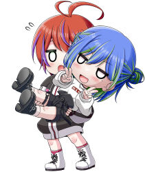 Rule 34 | 2girls, :d, akane canna, antenna hair, belt, black belt, black footwear, black jacket, black shorts, blank eyes, blue hair, blush, boots, carrying, carrying person, clothes writing, commentary request, double bun, double v, full body, green hair, hair between eyes, hair bun, jacket, long sleeves, looking at another, medium bangs, miso panda, mole, mole under eye, multicolored hair, multiple girls, nanashi inc., open mouth, purple hair, red hair, shirt, shoes, short hair, shorts, simple background, smile, socks, standing, streaked hair, suzumi nemo, two-tone hair, v, virtual youtuber, white background, white footwear, white jacket, white shirt, white socks