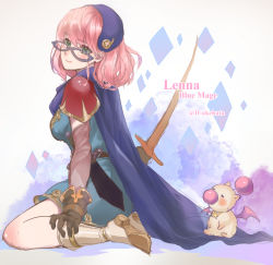 Rule 34 | 1girl, akehata hikari, armor, blue cape, blue mage, blush, boots, cape, character name, crystal, detached sleeves, final fantasy, final fantasy v, gloves, green eyes, hat, jewelry, lenna charlotte tycoon, mask, moogle, pauldrons, pink hair, seiza, shoulder armor, simple background, sitting, solo, star (symbol), sword, twitter username, weapon