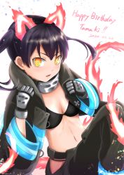 Rule 34 | 1girl, absurdres, baggy pants, bikini, bikini top only, black bikini, black coat, black gloves, black hair, breasts, cleavage, coat, collar, commentary request, cowboy shot, dated, en&#039;en no shouboutai, eyebrows hidden by hair, fiery ears, fiery tail, fire, fujito (call f ), gloves, grey pants, happy birthday, highres, hip vent, long sleeves, looking at viewer, medium breasts, midriff, navel, open clothes, open coat, pants, parted lips, sidelocks, simple background, solo, swimsuit, tail, tamaki kotatsu, twitter username, two side up, white background, yellow eyes