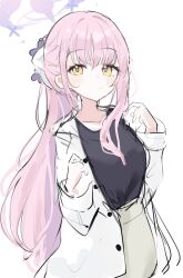 Rule 34 | 1girl, black shirt, blue archive, buttons, closed mouth, collarbone, grey skirt, halo, highres, jacket, long hair, long sleeves, looking at viewer, mika (blue archive), noko (nco029685627), open clothes, open jacket, pink hair, pink halo, shirt, simple background, sketch, skirt, solo, white background, white jacket, yellow eyes