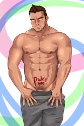 Rule 34 | 1boy, abs, bara, blush, body writing, grin, highres, jart, male focus, muscular, naughty face, original, topless male, smile, smirk, solo, undressing