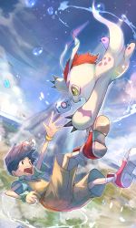 Rule 34 | 1boy, blue hair, bracelet, day, digimon, digimon (creature), digimon adventure, digimon adventure: (2020), digivice, water drop, eye contact, unworn eyewear, falling, gomamon, green eyes, highres, jewelry, kido jo, looking at another, male focus, ohako (ohako1818), open mouth, outdoors, outstretched arm, shoes, shouting, sky, sneakers