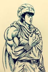 Rule 34 | 1boy, cape, clenched hand, frown, hara tetsuo (style), highres, ink (medium), lee (dragon garou), male focus, monochrome, muscular, parody, rope, serious, solo, style parody, traditional media, upper body, yoshihiko, yuusha yoshihiko to maou no shiro