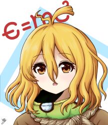 Rule 34 | 1girl, blonde hair, blue background, brown eyes, brown shirt, commentary request, dr. stone, goom (goomyparty), hair between eyes, highres, looking at viewer, parted lips, portrait, shirt, signature, solo, suika (dr. stone), teeth, two-tone background, upper teeth only, white background