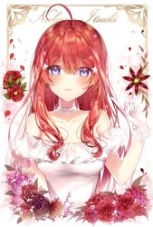 Rule 34 | 1girl, ahoge, bare shoulders, blue eyes, blush, breasts, character name, choker, closed mouth, collarbone, cropped torso, dress, flower, gloves, go-toubun no hanayome, hair between eyes, hair ornament, hand up, highres, long hair, medium breasts, nakano itsuki, off-shoulder dress, off shoulder, petals, purple flower, purple rose, red eyes, red flower, red rose, rose, solo, star (symbol), star hair ornament, taya oco, upper body, very long hair, white choker, white dress, white gloves