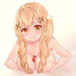 Rule 34 | 1girl, bang dream!, bendy straw, between breasts, blonde hair, blush, breasts, brown eyes, c8oyk, closed mouth, collarbone, drill hair, drinking straw, hair between eyes, hair bobbles, hair ornament, ichigaya arisa, large breasts, long hair, milk carton, nipples, nude, revision, sexually suggestive, smile, solo, twin drills, twintails, upper body, x hair ornament