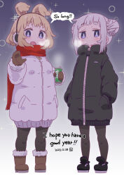 Rule 34 | 2girls, animal ears, black coat, black footwear, blonde hair, blush, boots, breath, brown footwear, brown gloves, can, canned tea, child, coat, dated, dog ears, dog girl, double bun, drink, english text, gloves, gradient background, hair bun, hands in pocket, highres, holding, holding can, holding drink, looking at viewer, multiple girls, open mouth, original, pantyhose, purple background, purple eyes, red scarf, samansa (samansa ex), samansa ex, scarf, shared speech bubble, shoes, short hair, siblings, sisters, speech bubble, standing, tabasa (samansa ex), tea, white background, white coat, white hair, winter, winter clothes, zipper, zipper pull tab