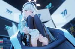 Rule 34 | 1girl, absurdres, barefoot, blue archive, feet, hairband, highres, himari (blue archive), light blush, long hair, looking at viewer, pointy ears, silver hair, smile, unworn socks, soles, toes