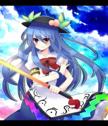 Rule 34 | 1girl, bad id, bad pixiv id, blue hair, blush, bow, dress, female focus, food, fruit, hat, hinanawi tenshi, leaf, letterboxed, long hair, outdoors, peach, red eyes, sadomochi, sky, smile, solo, sword, sword of hisou, touhou, weapon
