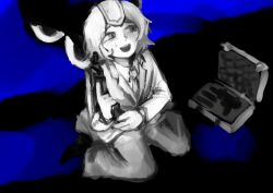 Rule 34 | 1other, androgynous, black background, blue background, briefcase, cocking gun, collared jacket, collared shirt, commentary request, eye of senri, formal, full body, greyscale with colored background, gun, headgear, highres, holding, holding gun, holding weapon, jacket, kokutenshi hibaru, korean commentary, layered sleeves, len&#039;en, long sleeves, looking to the side, necktie, nervous smile, open mouth, other focus, pants, shirt, shoes, short hair, sitting, smile, solo, suit, sweatdrop, teeth, two-tone background, upper teeth only, waiwa way, wariza, weapon, wings