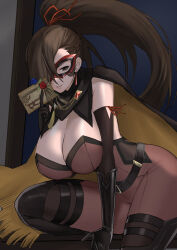 Rule 34 | 1girl, alternate costume, black gloves, breasts, brown eyes, brown hair, brown jumpsuit, calling card, card, cleavage, commission, domino mask, fire emblem, fire emblem fates, fire emblem heroes, gloves, hair ornament, hair over one eye, hair ribbon, highres, holding, holding card, jumpsuit, kagero (fire emblem), kagero (thief) (fire emblem), large breasts, looking at viewer, mask, nintendo, oyatsu 0, ponytail, ribbon, skeb commission, smile, two-tone cape