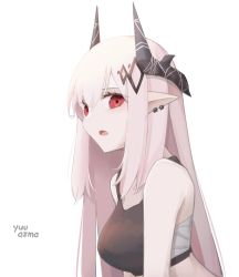 Rule 34 | 1girl, absurdres, arknights, artist name, bare shoulders, breasts, commentary, crop top, female focus, highres, horns, long hair, looking at viewer, medium breasts, midriff, mudrock (arknights), open mouth, pointy ears, red eyes, sarashi, signature, silver hair, simple background, solo, sports bra, upper body, white background, yuu azma