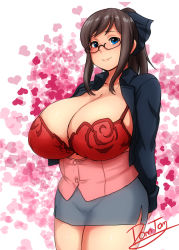 Rule 34 | 1girl, blue eyes, bra, breasts, brown hair, dominic tomatto, female focus, glasses, hair ornament, hair ribbon, highres, huge breasts, jacket, long hair, miniskirt, open clothes, open shirt, original, plump, ponytail, red bra, ribbon, shirt, skirt, solo, standing, underwear