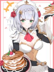 Rule 34 | 1girl, apron, armor, armored dress, ascot, black dress, black gloves, blunt bangs, blush, boobplate, border, braid, breastplate, breasts, chain, chocolate, chocolate syrup, cleavage, closed mouth, cream, dress, elphe, flower, food, frills, gauntlets, genshin impact, gloves, gold chain, green eyes, hair flower, hair ornament, hand up, highres, holding, holding plate, light smile, lighter-than-air pancake (genshin impact), looking at viewer, maid, maid apron, maid headdress, medium breasts, noelle (genshin impact), pancake, pink ascot, pink border, plate, red ascot, red flower, red rose, rose, short hair, shoulder armor, silver hair, simple background, smile, solo, upper body, vambraces, white background, white headwear