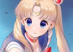 Rule 34 | 1girl, bishoujo senshi sailor moon, blonde hair, blue background, blue eyes, blue sailor collar, breasts, choker, cleavage, derivative work, diadem, from side, geshumaro, heart, heart choker, highres, long hair, looking at viewer, looking to the side, meme, parted lips, red choker, sailor collar, sailor moon, sailor moon redraw challenge (meme), screenshot redraw, signature, solo, tsukino usagi, twintails