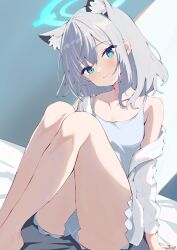 Rule 34 | 1girl, animal ear fluff, animal ears, aqua eyes, arm support, bare legs, barefoot, bed sheet, blue archive, blush, breasts, camisole, collarbone, extra ears, grey camisole, grey hair, halo, head tilt, highres, knees up, legs together, looking at viewer, mismatched pupils, natsuki (natsu 1936), shiroko (blue archive), shirt, single bare shoulder, sitting, small breasts, smile, solo, white shirt, wolf ears
