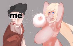 Rule 34 | 1boy, 1girl, armpits, arms behind head, blonde hair, blue eyes, blush, bouncing breasts, breast slap, breasts, clothed male nude female, collarbone, colored eyelashes, gainaxing, grey background, highres, huge breasts, kawaikochan, long hair, looking at another, navel, nipples, nude, original, red shirt, shaded face, shirt, signature, simple background, slapping, standing, t-shirt, tan, tanline, topless frame, veins, veiny breasts, very long hair, white background