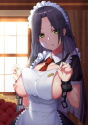Rule 34 | 1girl, apron, bandaid, bandaid on face, black hair, breasts, breasts out, chain, couch, curtains, eyes visible through hair, green eyes, large breasts, long hair, looking at viewer, maid, maid apron, maid headdress, necktie, nipples, original, parted lips, sideboob, solo, teeth, upper body, window, xiujia yihuizi