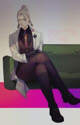 Rule 34 | 1girl, ace attorney, black footwear, black gloves, black shirt, blonde hair, blue eyes, boots, character name, coat, couch, courtney sithe, crossed legs, full body, gloves, hair bun, knee boots, lab coat, long sleeves, mature female, necktie, on couch, pants, red necktie, shirt, sitting, solo, tamami, the great ace attorney, the great ace attorney 2: resolve, vest, white coat